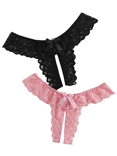 Floerns Women's Plus Size Lace Seamless V-Strings Thong Panties Set