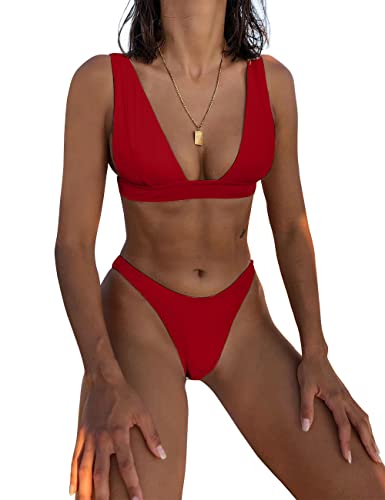 Dnzzs Women's High Waist Bikini Swimwear - Red