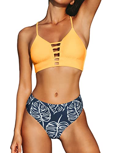CUPSHE Yellow and Leaves Print Lace Bikini Set