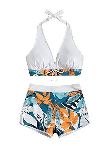 SHENHE Women's Tropical Print Halter Bikini Swimsuit
