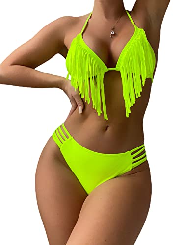 Stylish Two Piece Cut Out Bikini Swimsuit - Lime Green, Large