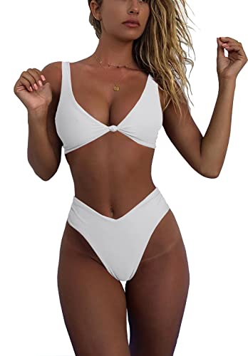 White Solid V Neck Brazilian High Cut Cheeky High Waisted Two Piece Bathing Suit L