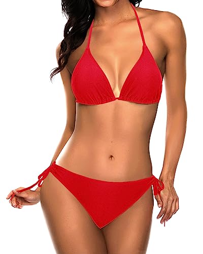 Red Halter Padded Top Triangle Bikini - Tempt Me Women Bathing Suit S