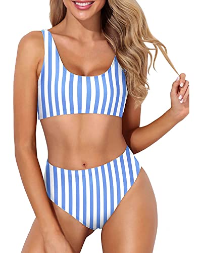 Tempt Me Women Blue White Stripe Bikini Crop Top Swimsuit