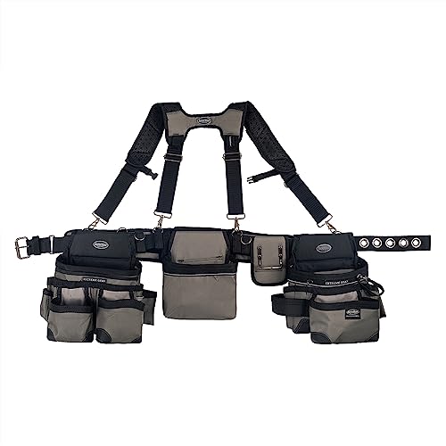 Bucket Boss 3 Bag Tool Belt with Suspenders - Grey, Full Size