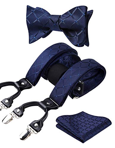 Men's Navy Blue Plaid Bowtie and Suspenders Set
