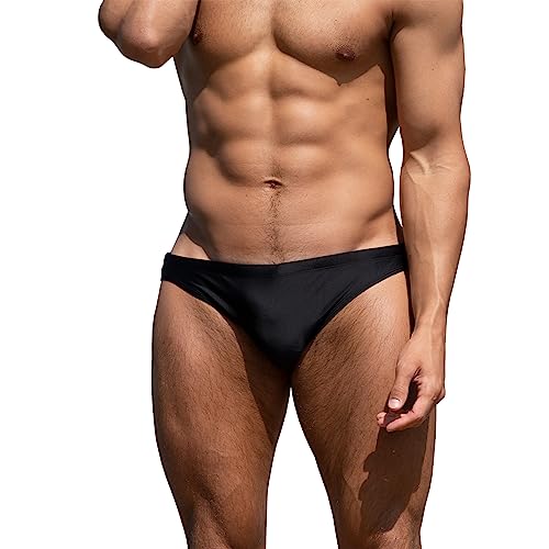 YUZHOU Mens Bikini Swimwear Low Rise Swim Briefs Solid Bathing Suit Sexy Swimsuit with Elastic Drawstring (9001-Black-L)