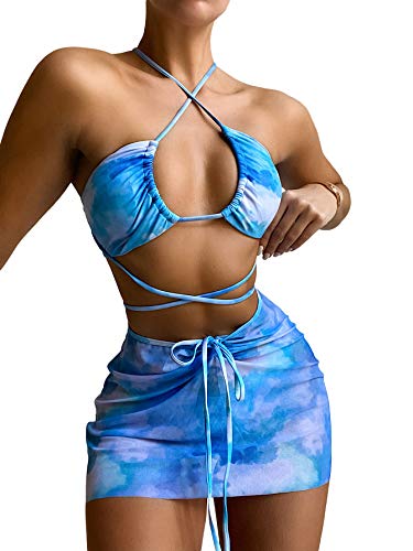 Romwe Women's Tie Dye Criss Cross Bikini Swimsuit with Beach Skirt