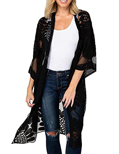 Bsubseach Women's Long Lace Kimono Cardigan Bathing Suit Cover Up