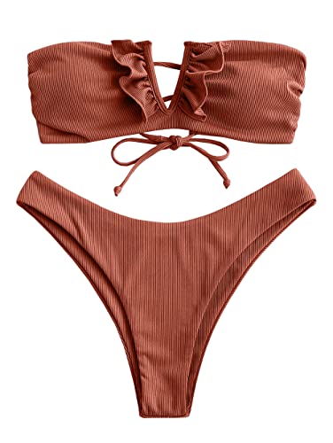ZAFUL Strapless V Wired Lace Up Bandeau Swimsuit Bikini Set