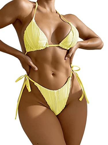 SweatyRocks Women's Halter Top Bikini - Yellow S