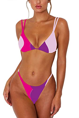 Color Block Bikini Set with Thong Bottom