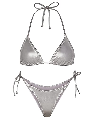 Retro Metallic Bikini - Shiny Silver Gold Swimsuits for Women