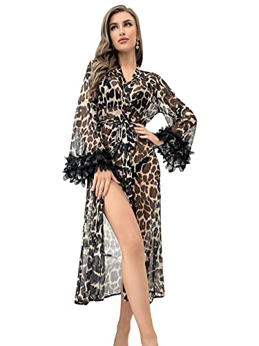 Leopard Print Sheer Robe Belted Long Sleeve Lingerie Kimono