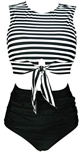 COCOSHIP Women's High Waist Ruched Bikini Set - Stripe Black