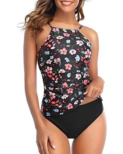 Pink Floral Two Piece High Neck Tankini