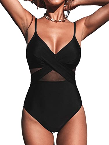 CUPSHE Women V Neck Swimsuit with Tummy Control, S Black