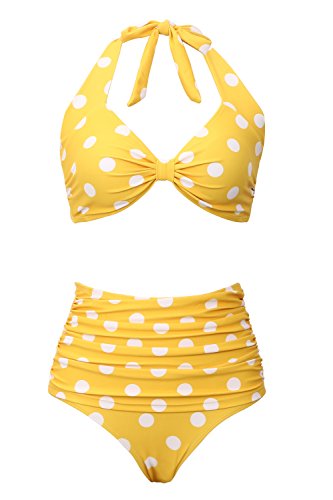 Retro High Waist Swimsuit - Yellow Halter 2 Piece Bikini Set