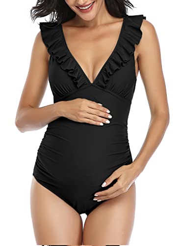 Maternity Swimsuit Ruffled Lace Up Monokini Black M