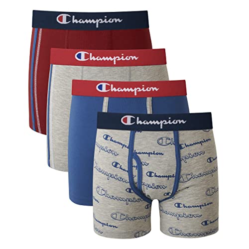 Champion Boys' Boxer Briefs, 4-Pack, Grey/Red/Navy, Large