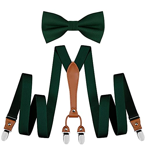 Y-Back Men's Elastic Dark Green Suspenders and Bowtie Set