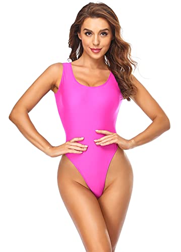 speerise Womens High Cut Leotard Thong Bodysuit (Hot Pink, L)