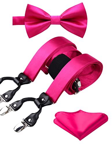 HISDERN Pink Bow Tie and Suspenders Set