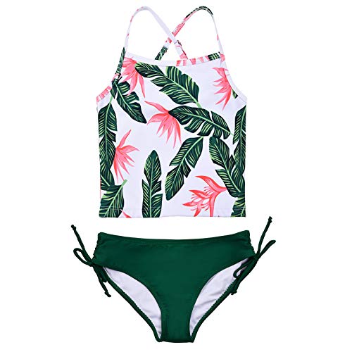 Girl Tropical Leaf Swimsuit Tankini Set (Green, 6-7 Years)