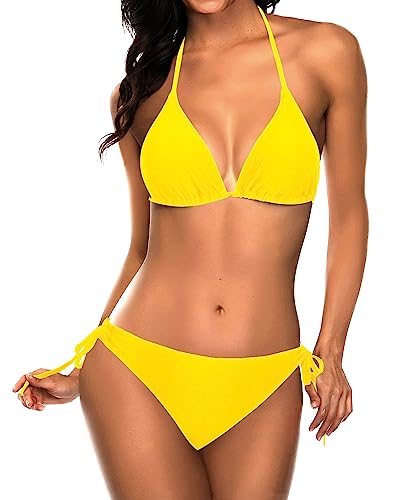 Deep Yellow Two Piece Halter Triangle Bikini Bathing Suit