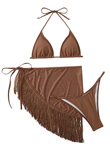 GORGLITTER Women's Triangle Bikini Set with Fringe Beach Skirt