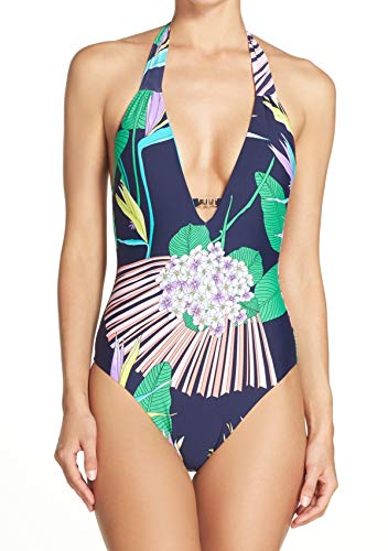 Trina Turk Women's V-Neck Halter One Piece Swimsuit - Navy/Midnight/Midnight Paradise, Size 10