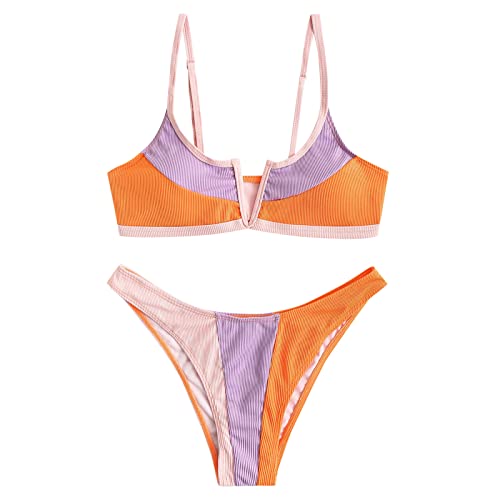 ZAFUL Ribbed Colorblock V Wired Bikini Swimwear