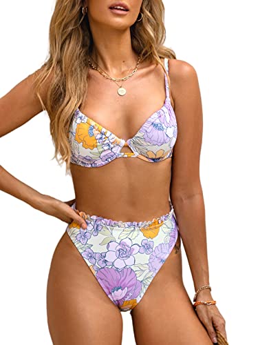 CUPSHE Women Swimsuit Bikini Set - High Waisted Floral Bathing Suit