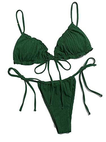 Lilosy Sexy Ribbed Ruffle G String Tie Triangle Thong Bikini Swimsuit Set