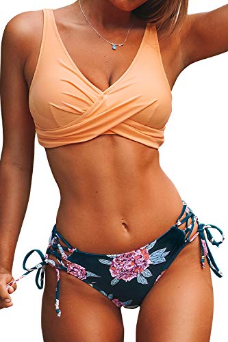 CUPSHE Peach and Purple Floral Front Cross Lace Up Bikinis M
