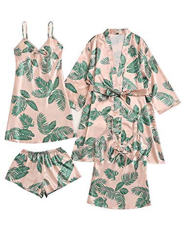 Leaf Print Satin Dress Pajama Set with Robe