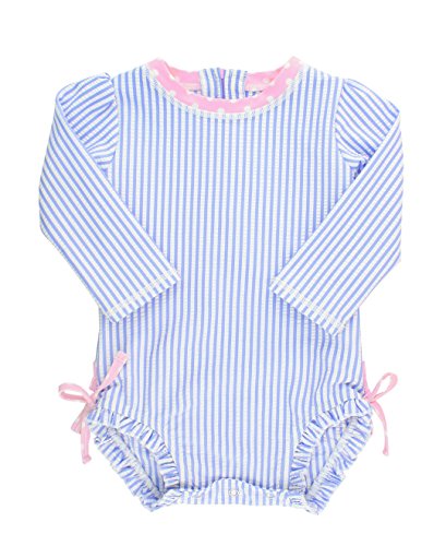 RuffleButts Baby/Toddler Girls Long Sleeve One Piece Swimsuit - Blue Seersucker