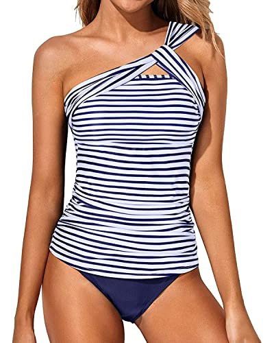 White Blue Stripe Two Piece Tankini Bathing Suits