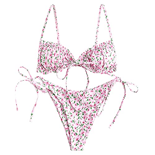 Floral Frilled Tie Knot Front Bikini Sets