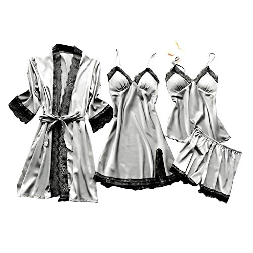 Gray Silk Satin Pajama Set with Lace Sleepwear