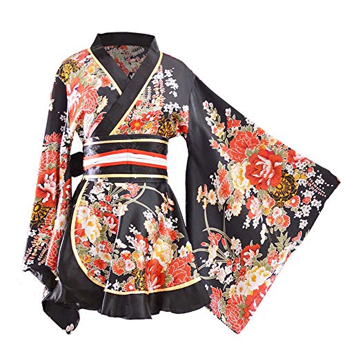 Japanese Traditional Kimono Bathrobe Costume - Sakura Pattern (Black), Large
