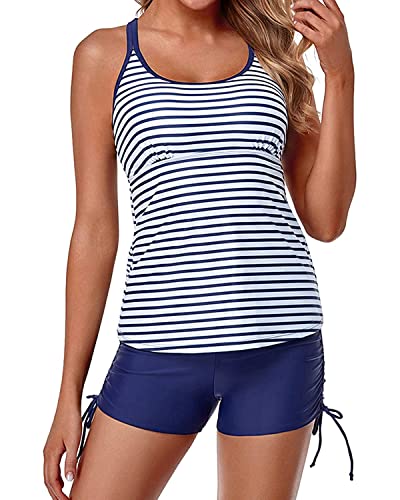 Yonique Womens Tankini Swimsuits with Shorts Blue Stripe XL