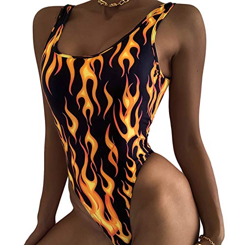 Flame Print High Cut Bodysuit Swimsuit