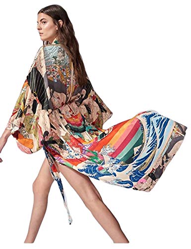 Women Ethnic Print Kimono Cardigan Swimsuit Cover Up