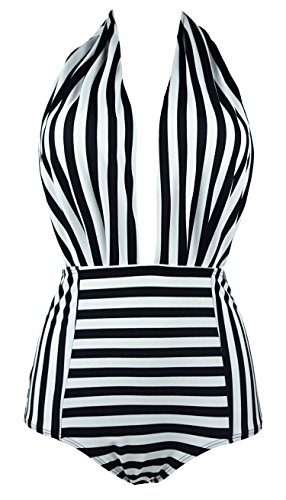 COCOSHIP Black & White Striped Retro One Piece Swimsuit