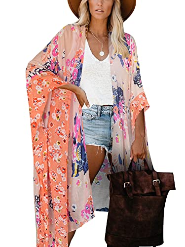 Moss Rose Women's Beach Cover up Kimono with Bohemian Floral Print