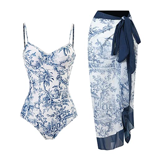 Women Swimsuits Abstract Printing One-Piece with Cover Up