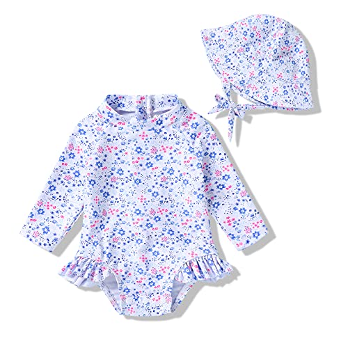 Baby Girl One-Piece Long Sleeve Rash Guard with Hat Set