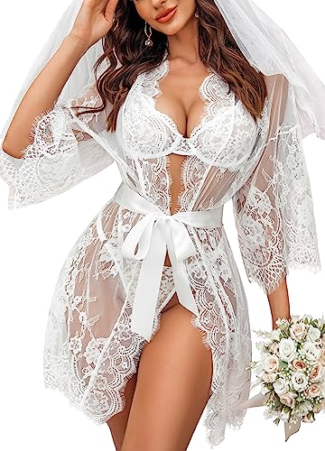 Lace Kimono Robe Babydoll Lingerie with Sheer Gown Nightwear